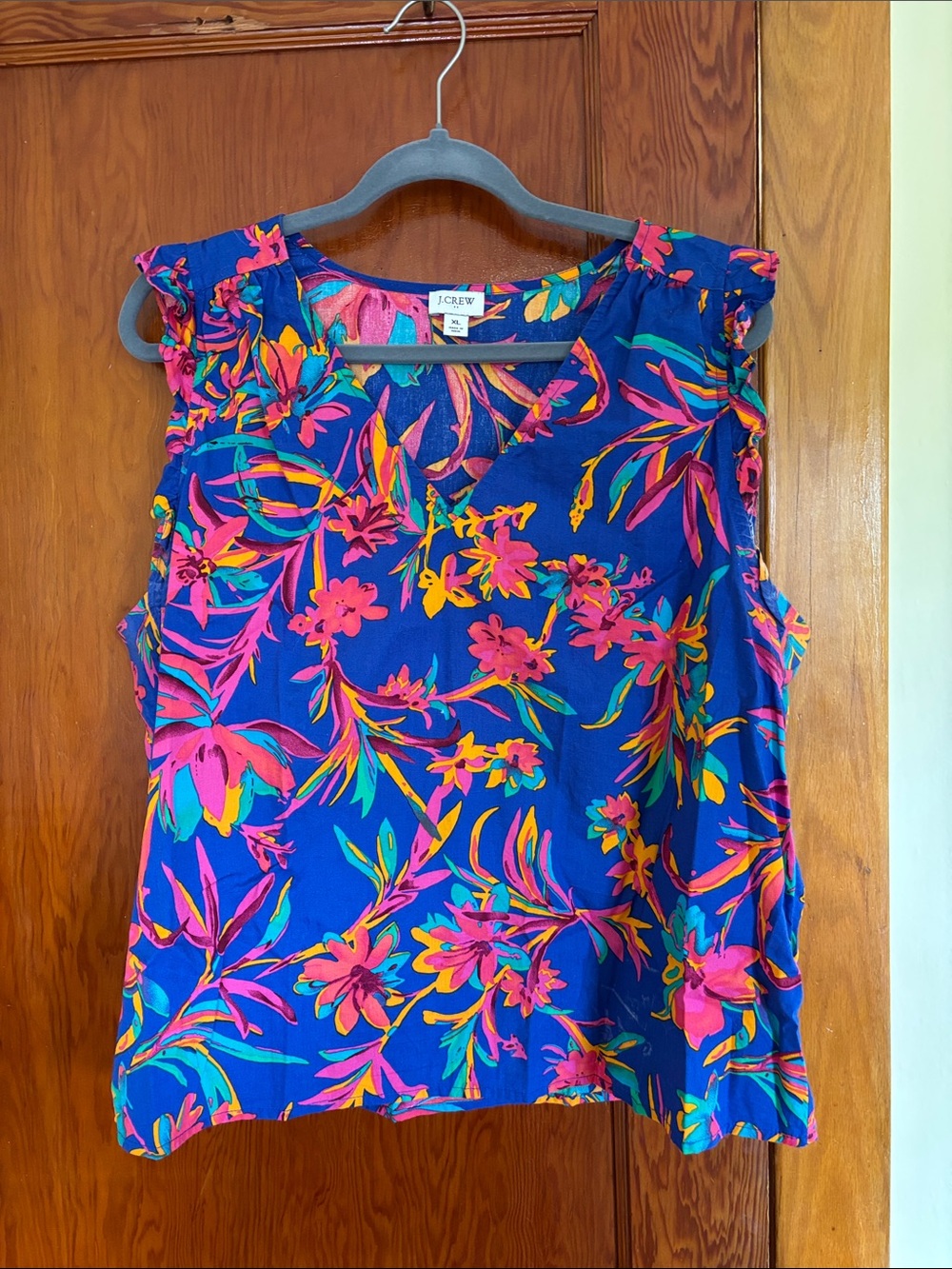 J. Crew Navy Floral Ruffle Sleeve Blouse